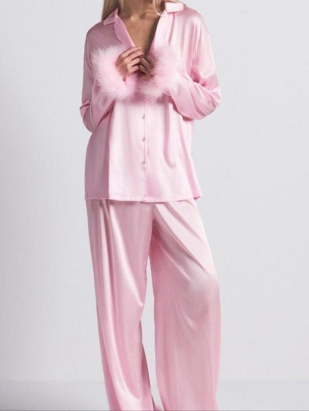 SKIMS Pink Feather-Trim Satin Pajama Set